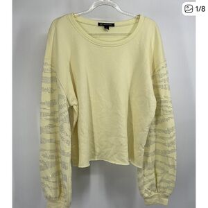 Yellow Sweatshirt Rhinestone Embellished Sleeve L Cozy Glamcore Soft Knit Y2K